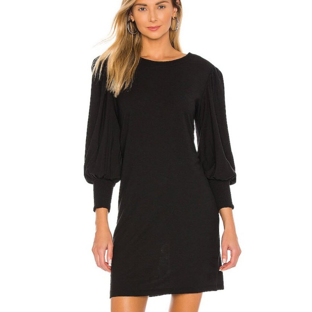 NWT Womens Nation LTD Loren Smocked Black Puff Sleeve T-Shirt Dress S